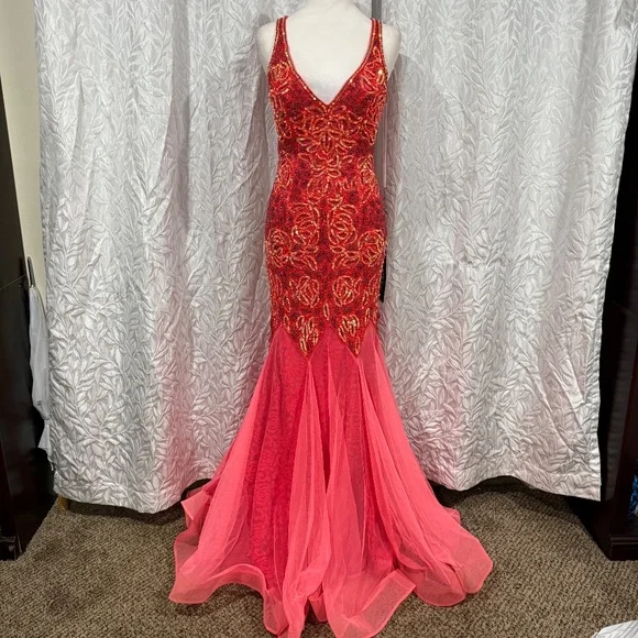 Primavera Couture Red and Gold Prom Dress